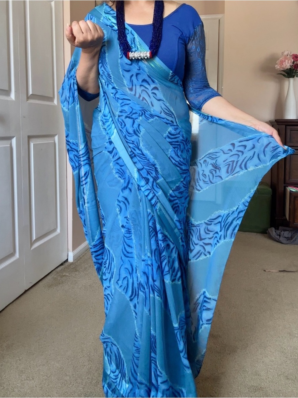3 pieces set. Blue Patterned Saree with Matching Blouse and inner skirt.